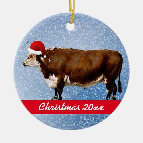 Hereford Bull and Santa Hat  Ceramic Ornament