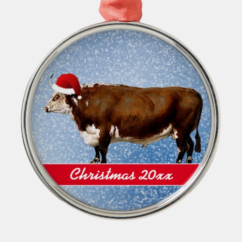 Hereford Bull and Santa Hat  Ceramic Ornament