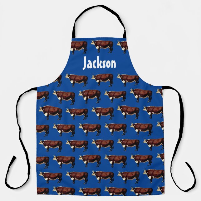 Hereford Bull Pattern on Blue Apron (Front)