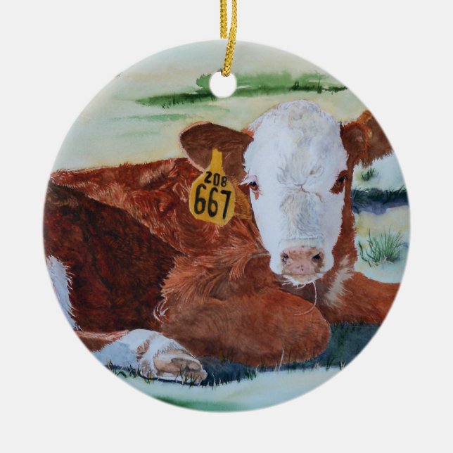 Hereford Calf Ceramic Ornament (Front)