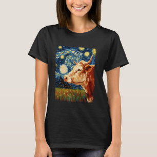 Hereford Cattle Farmer Farming Starry Night Painti T-Shirt