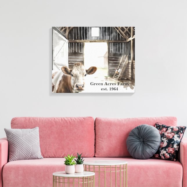 Hereford Cow and Rooster In Barn Canvas Print (Insitu(LivingRoom))