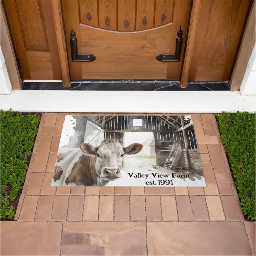 Hereford Cow and Rooster In Barn Doormat