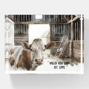 Hereford Cow and Rooster In Barn Paperweight