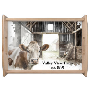 Hereford Cow and Rooster In Barn Serving Tray