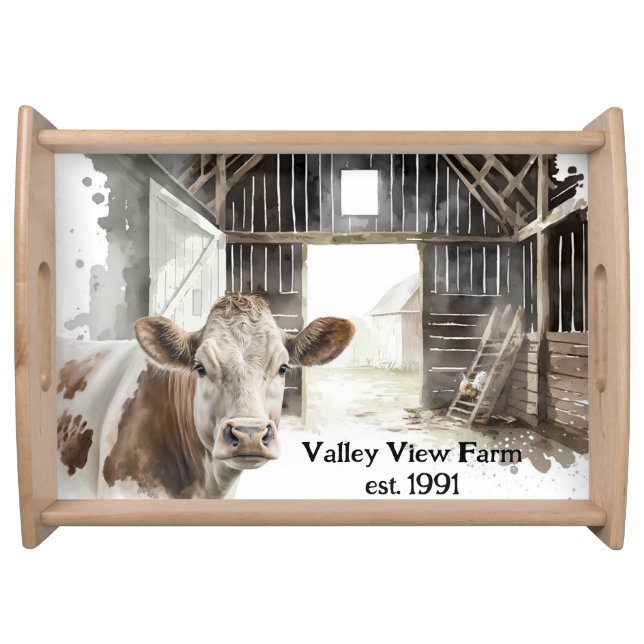 Hereford Cow and Rooster In Barn Serving Tray (Front)
