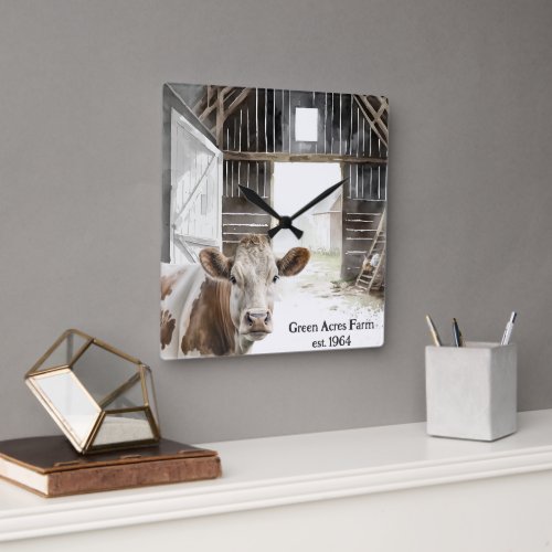 Hereford Cow and Rooster In Barn Square Wall Clock