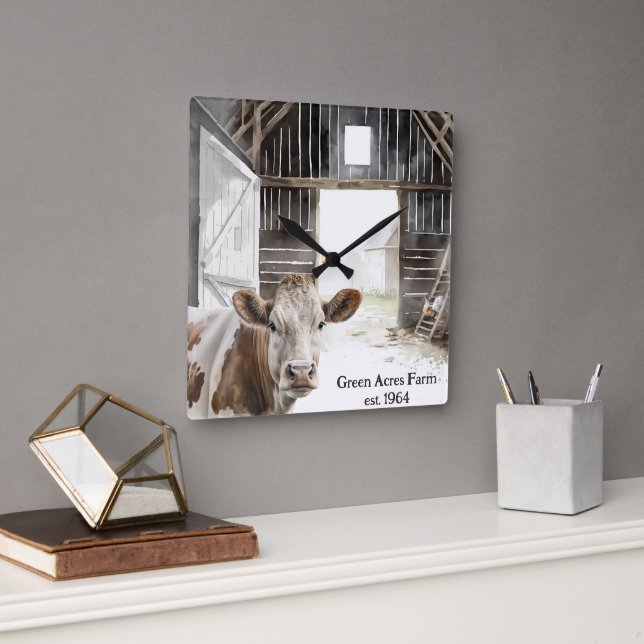 Hereford Cow and Rooster In Barn Square Wall Clock (Office)