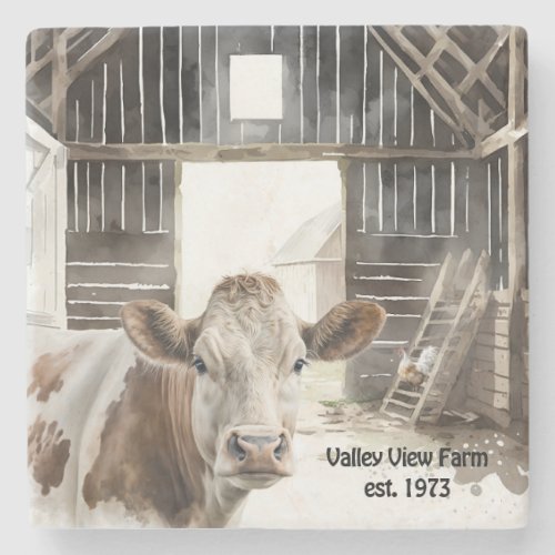 Hereford Cow and Rooster In Barn Stone Coaster