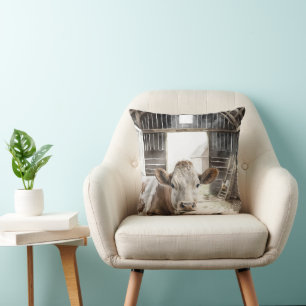 Hereford Cow and Rooster In Barn Throw Pillow