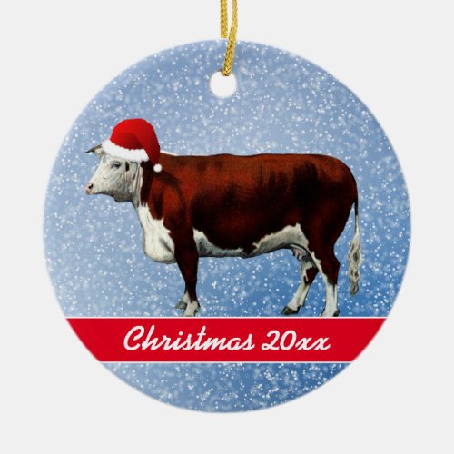 Hereford Cow and Santa Hat  Ceramic Ornament