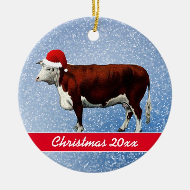 Hereford Cow and Santa Hat  Ceramic Ornament (Front)