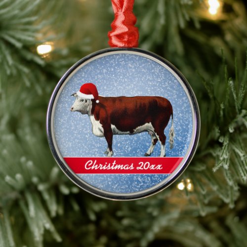 Hereford Cow and Santa Hat Metal Ornament
