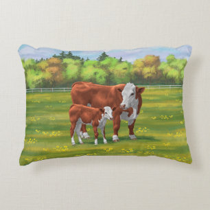 Hereford Cow & Cute Calf in Summer Pasture Accent Pillow