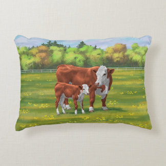 Hereford Cow & Cute Calf in Summer Pasture Accent Pillow