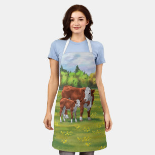 Hereford Cow & Cute Calf in Summer Pasture Apron