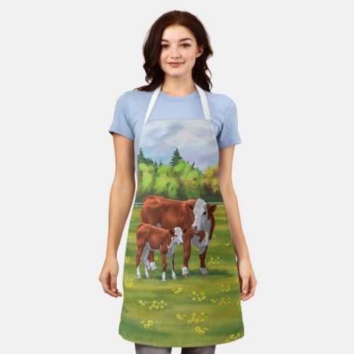 Hereford Cow  Cute Calf in Summer Pasture Apron