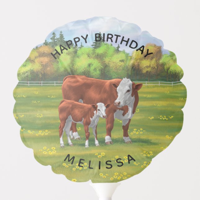 Hereford Cow & Cute Calf in Summer Pasture Balloon (Front)