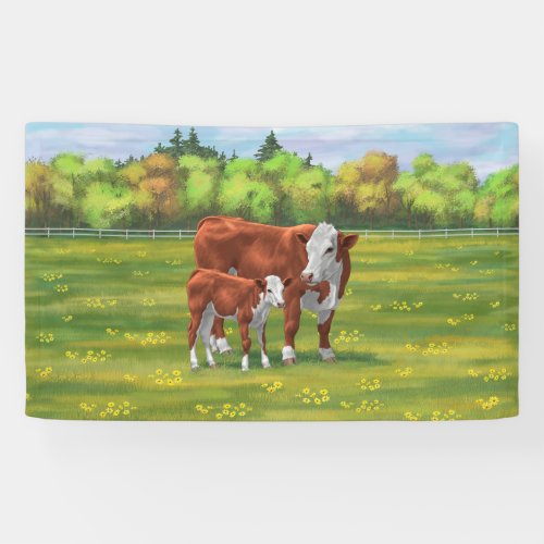 Hereford Cow  Cute Calf in Summer Pasture Banner