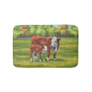 Hereford Cow & Cute Calf in Summer Pasture Bath Mat
