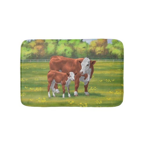 Hereford Cow  Cute Calf in Summer Pasture Bath Mat