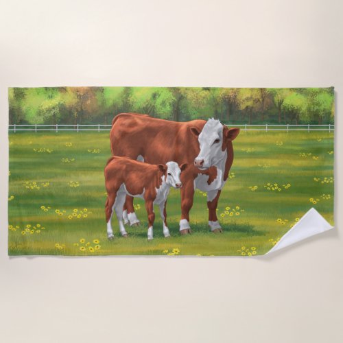 Hereford Cow  Cute Calf in Summer Pasture Beach Towel