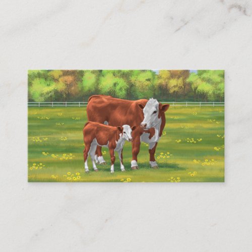 Hereford Cow  Cute Calf in Summer Pasture Business Card