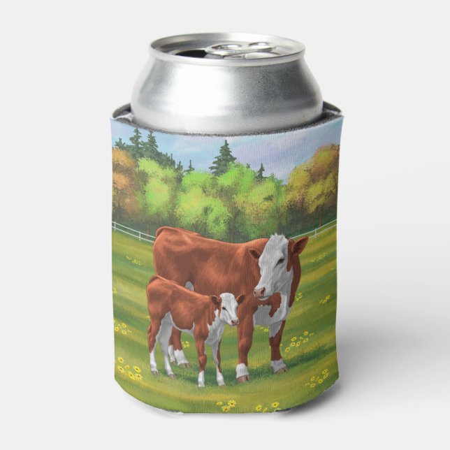 Hereford Cow & Cute Calf in Summer Pasture Can Cooler (Can Front)