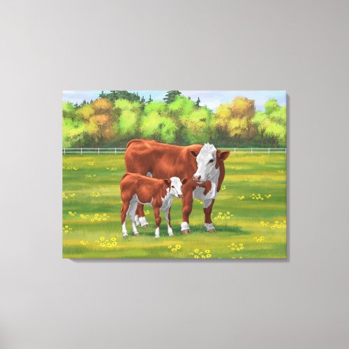 Hereford Cow  Cute Calf in Summer Pasture Canvas Print