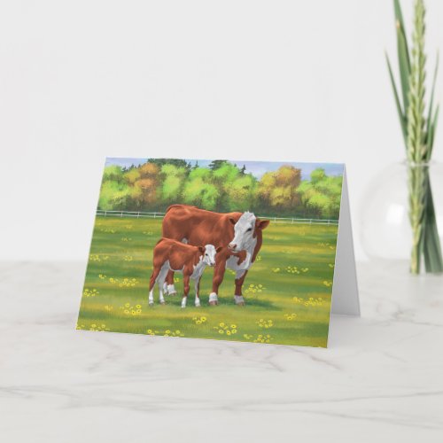 Hereford Cow  Cute Calf in Summer Pasture Card