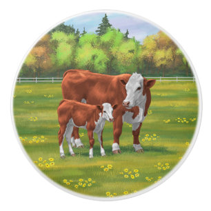 Hereford Cow & Cute Calf in Summer Pasture Ceramic Knob