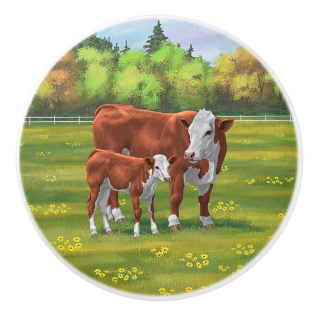 Hereford Cow & Cute Calf in Summer Pasture Ceramic Knob (Front)
