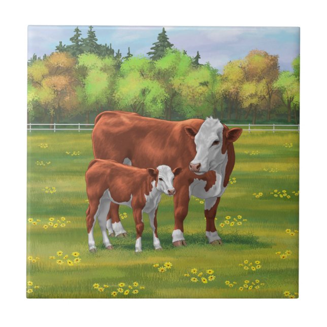 Hereford Cow & Cute Calf in Summer Pasture Ceramic Tile (Front)