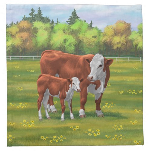 Hereford Cow  Cute Calf in Summer Pasture Cloth Napkin