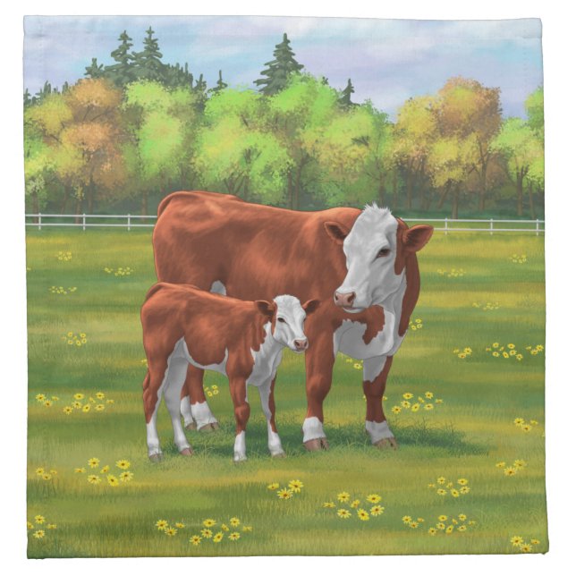Hereford Cow & Cute Calf in Summer Pasture Cloth Napkin (Front)