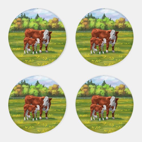 Hereford Cow  Cute Calf in Summer Pasture Coaster Set