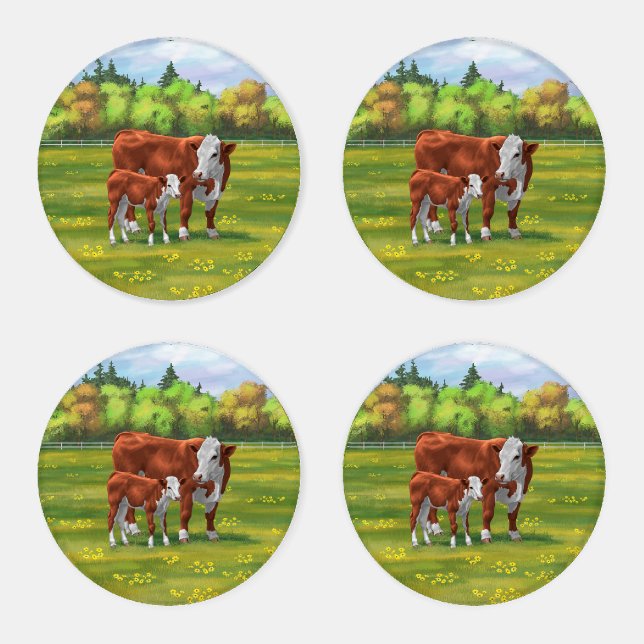 Hereford Cow & Cute Calf in Summer Pasture Coaster Set (Set)