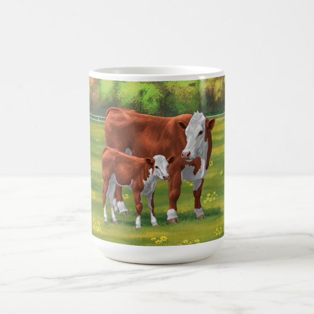 Hereford Cow & Cute Calf in Summer Pasture Coffee Mug (Center)