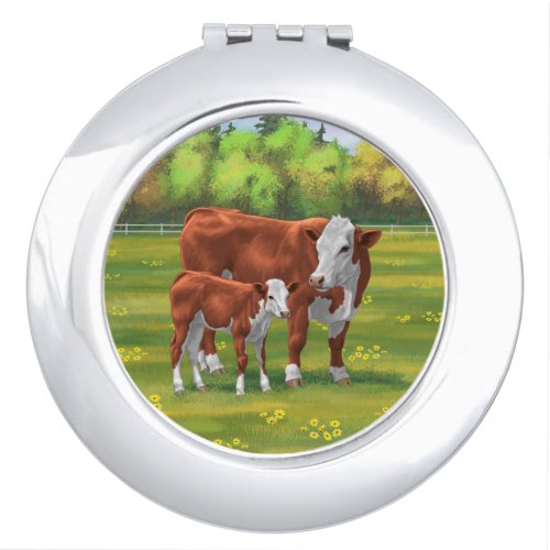 Hereford Cow  Cute Calf in Summer Pasture Compact Mirror
