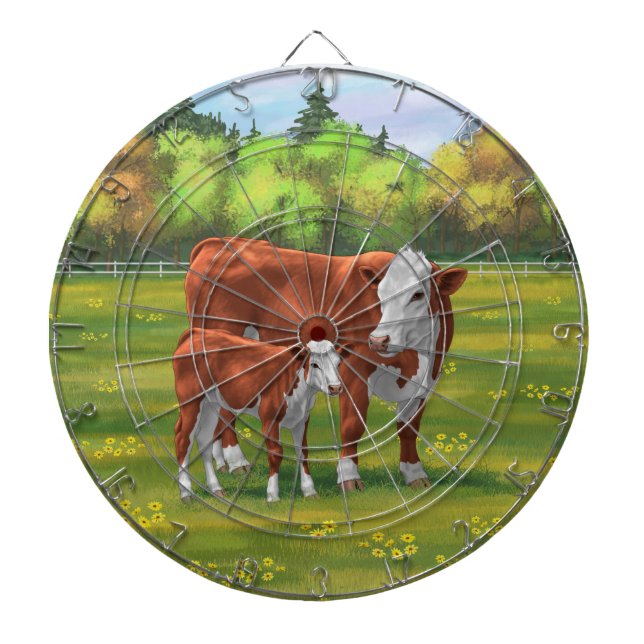 Hereford Cow & Cute Calf in Summer Pasture Dart Board (Front)
