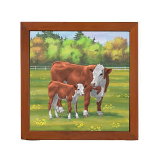 Hereford Cow & Cute Calf in Summer Pasture Desk Organizer