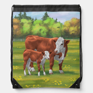 Hereford Cow & Cute Calf in Summer Pasture Drawstring Bag