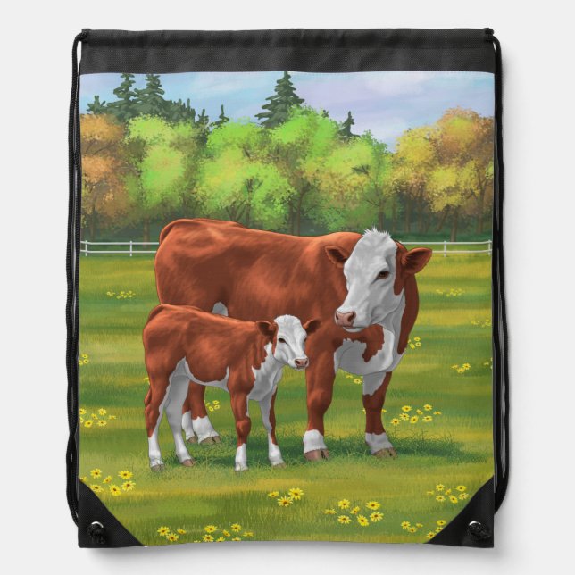 Hereford Cow & Cute Calf in Summer Pasture Drawstring Bag (Front)