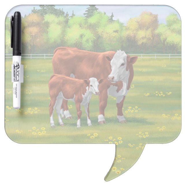Hereford Cow & Cute Calf in Summer Pasture Dry Erase Board (Front)