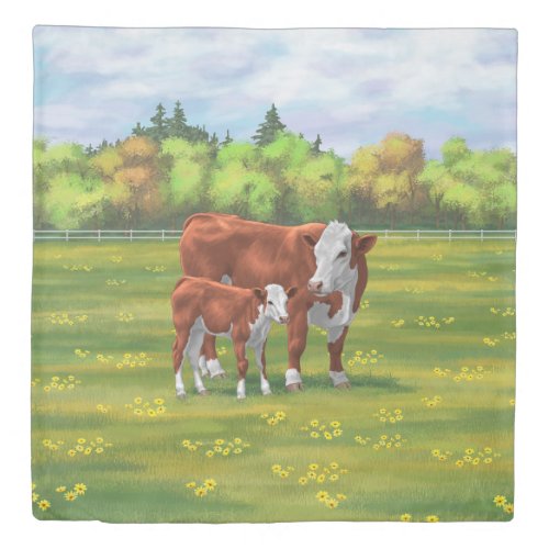 Hereford Cow  Cute Calf in Summer Pasture Duvet Cover