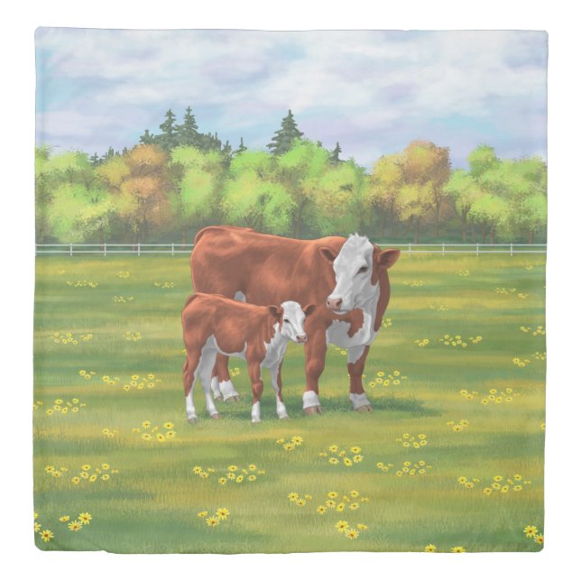Hereford Cow & Cute Calf in Summer Pasture Duvet Cover (Front)
