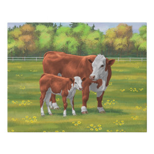 Hereford Cow & Cute Calf in Summer Pasture Faux Canvas Print