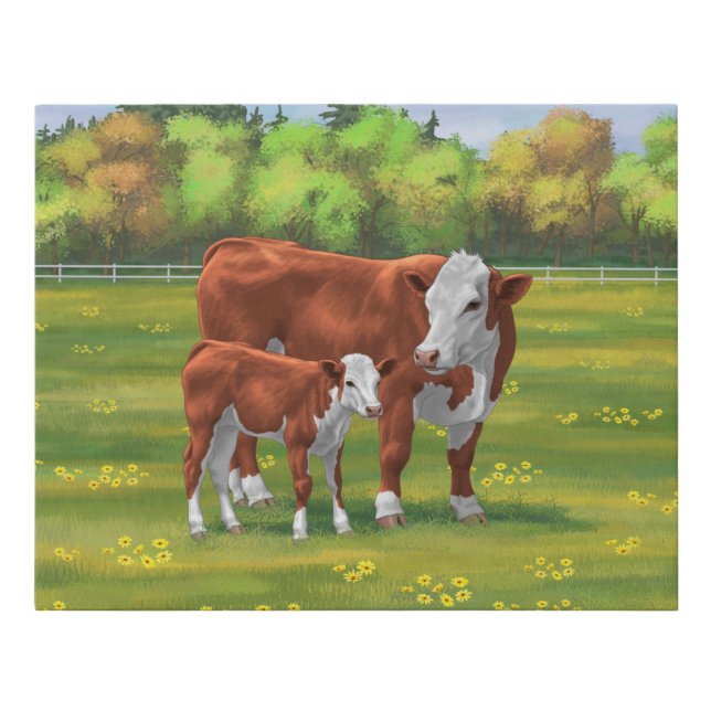 Hereford Cow & Cute Calf in Summer Pasture Faux Canvas Print (Front)