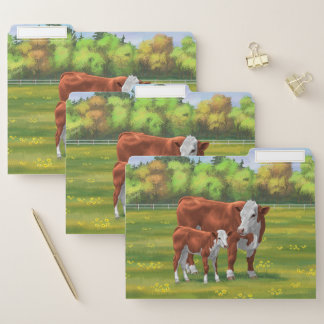 Hereford Cow & Cute Calf in Summer Pasture File Folder