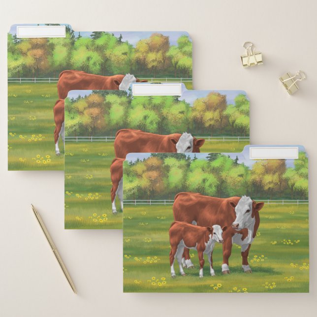 Hereford Cow & Cute Calf in Summer Pasture File Folder (Set)